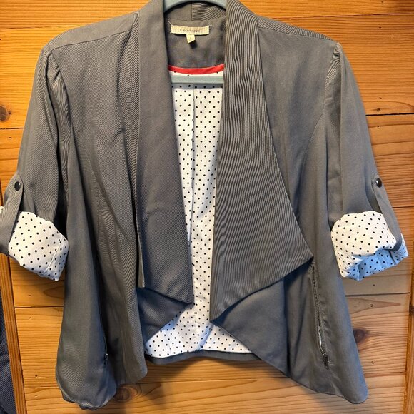 41 Hawthorn Gray Open Front Blazer Roll Tab Sleeves Polka Dot Lining Women’s Lar - Picture 4 of 10